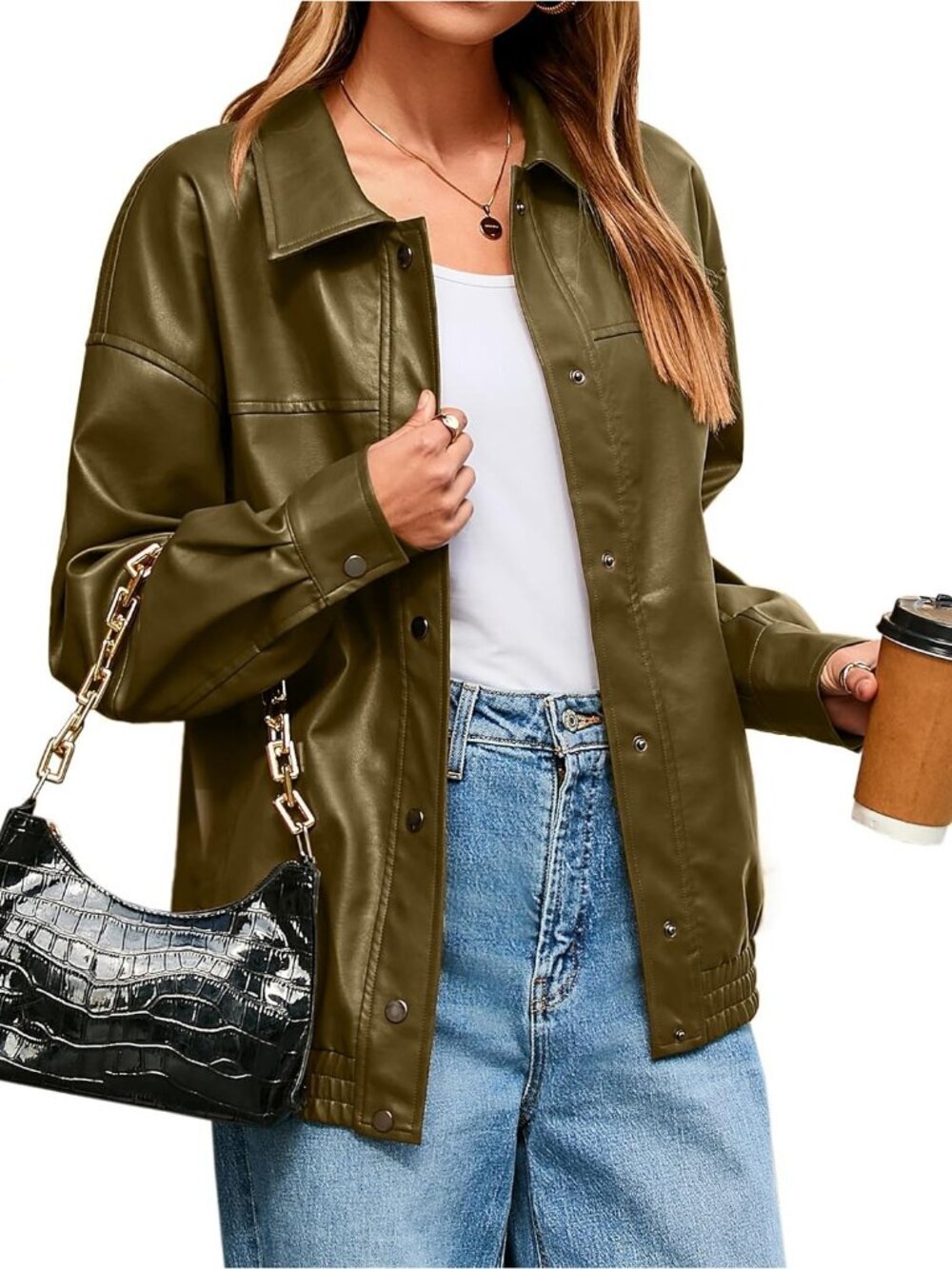 Women's Green Polyurethane Faux Leather Trendy Button Down Motorcycle Jacket